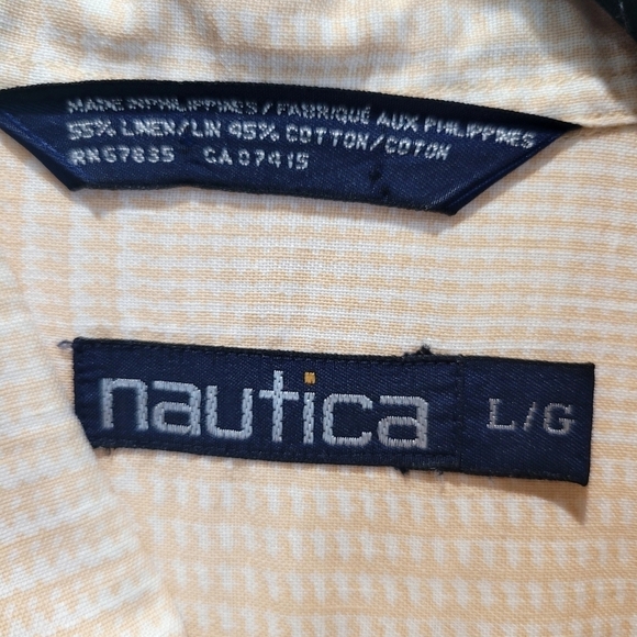 Nautica Men's Large Tan Cream Linen Cotten Blend Short Sleeve Work Shirt - Picture 4 of 5